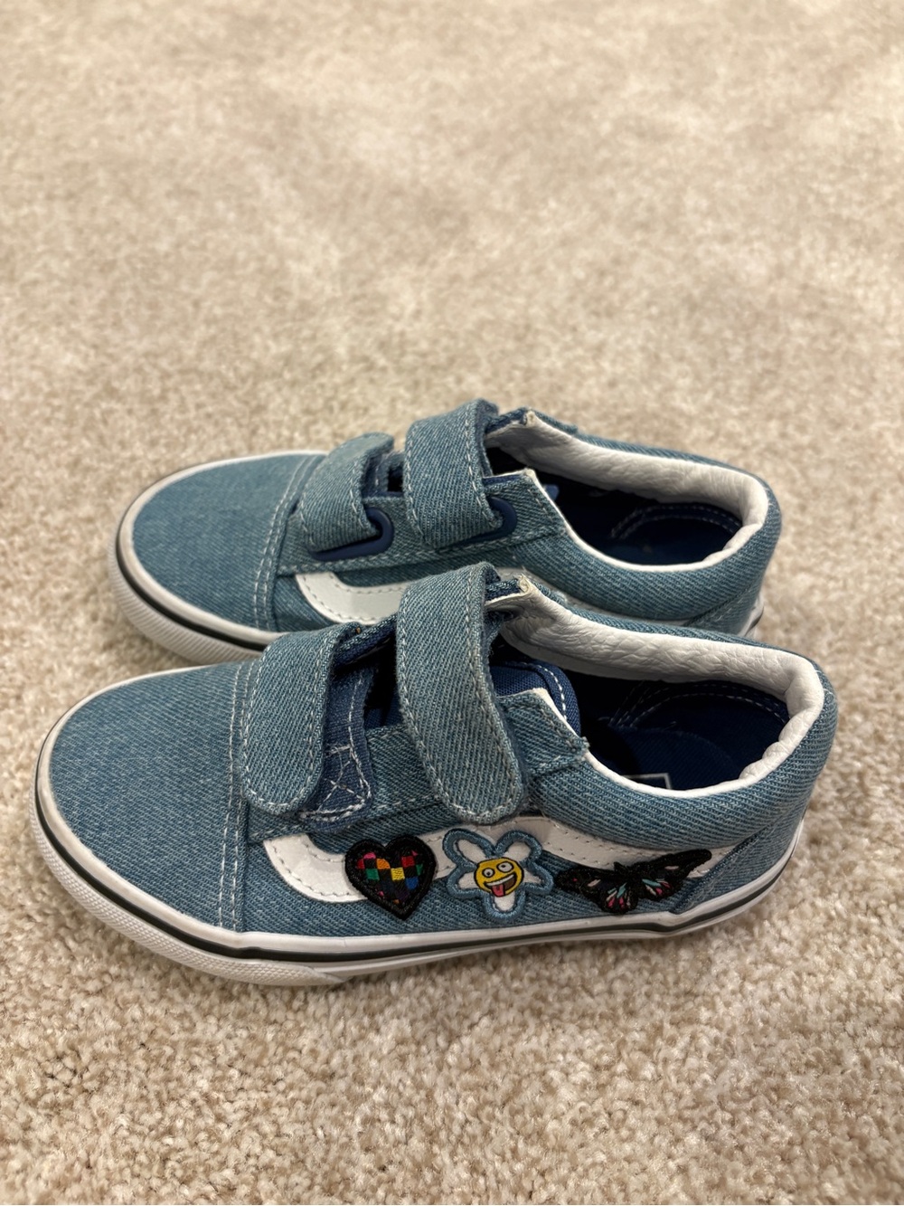 Vans Kids Denim Velcro Sneakers with Colorful Patches - Blue